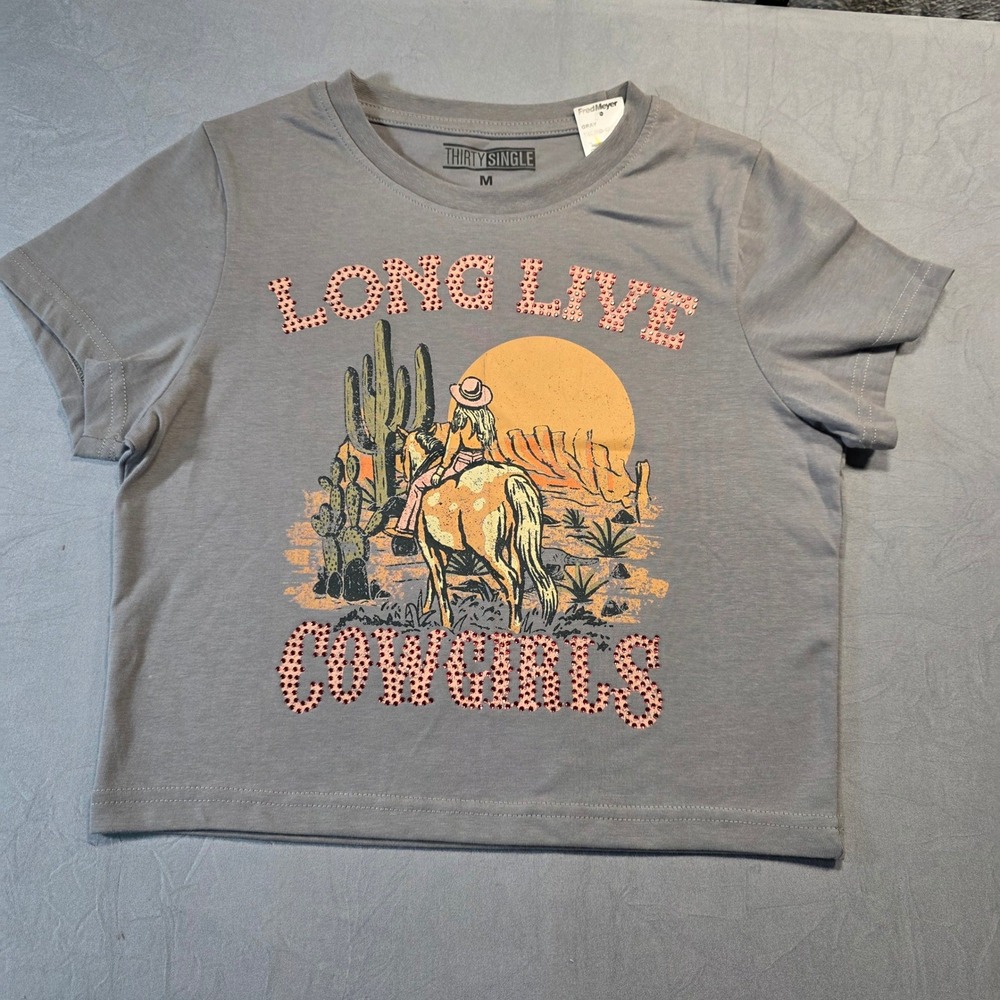 Thirty Single Womens Gray Long Live Cowgirls Rhinestone Graphic Tee  Juniors M